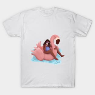 Girl Summer Illustration, Pink Flamingo Floaty T-Shirt